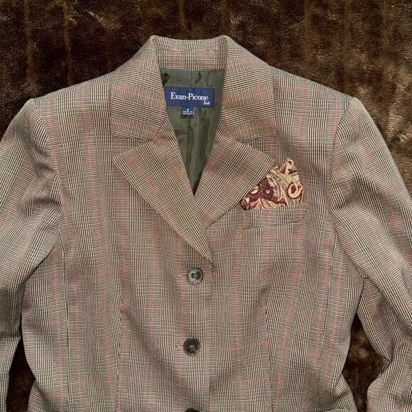 VTG Awesome Fall Look Evan Picone Glen Plaid Blazer w Paisley Hanky MINT - Picture 2 of 7